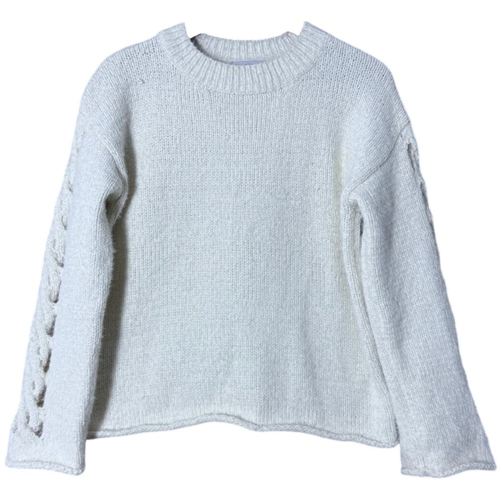 Fate Crewneck Chunky Knit Sweater Textured Lace Detail Sleeves Size Medium White